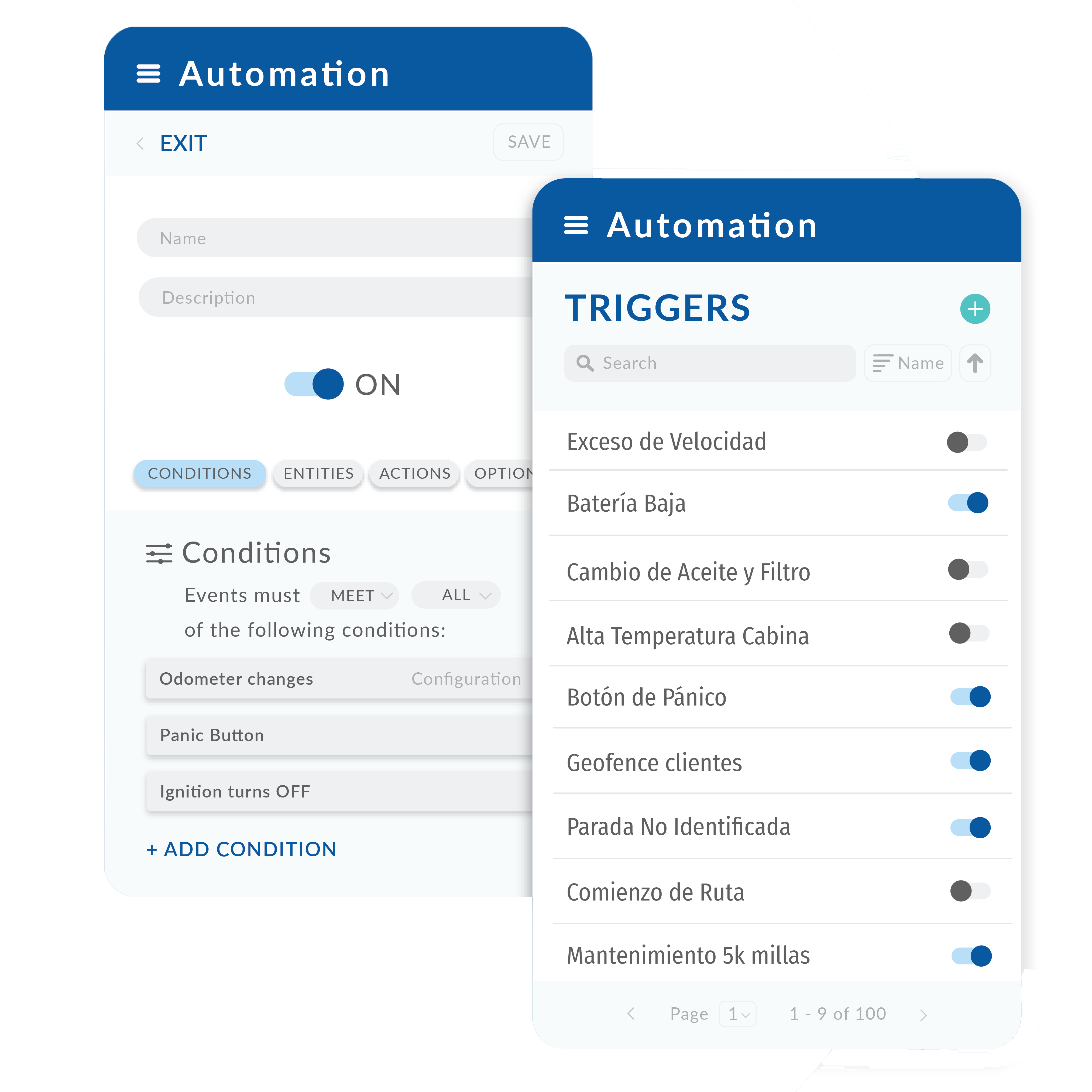 Panel de configuración de triggers y alertas automáticas del sistema